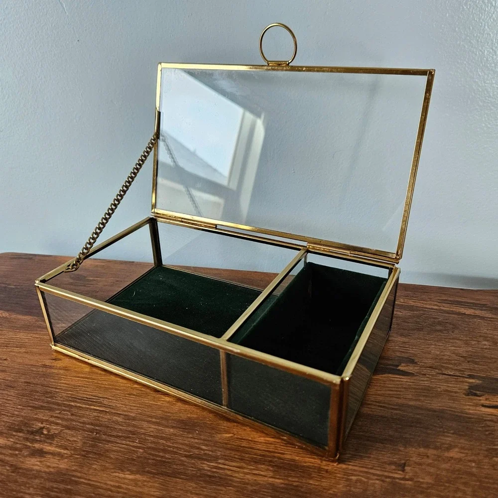 Brass Gold Glass Jewelry Box Green Velvet Lining 2 Compartment Trinket Case